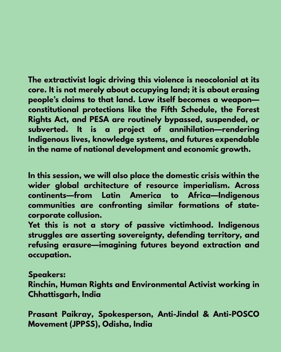 #Bastar Update
Session 2: Behind the Deadline: Resource Extraction and the State-Corporate Nexus
5 June 2025 | 8pm IST | 2:30 PM   UTC
Register here: londonminingnetwork-org.zoom.us/meeting/regist…

#HumanRightsViolations
#ClimateJustice
#ClimateAction
#Climate
#StateViolence