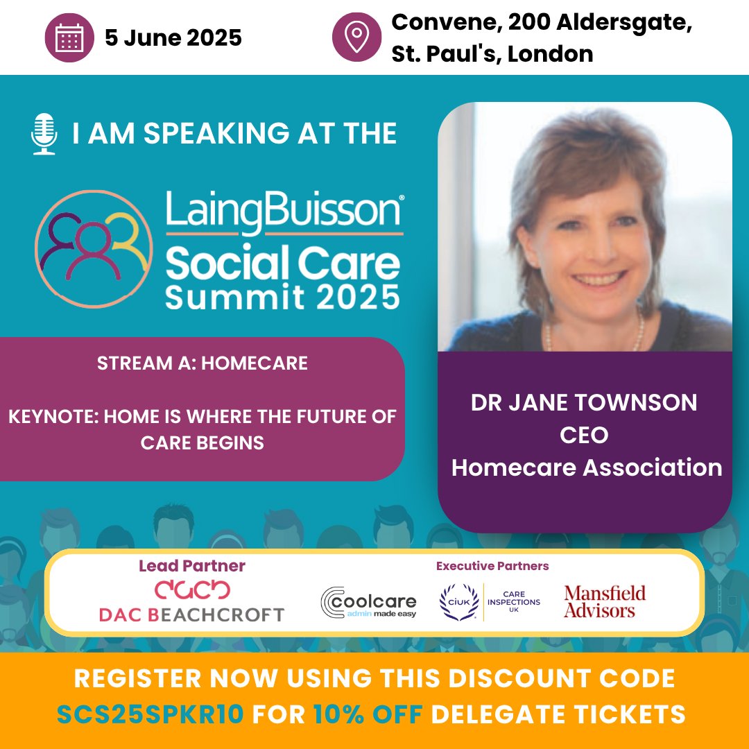 Homecare Association (@homecareassn) on Twitter photo Our Chief Executive <a href="/drjanetownson/">Dr Jane Townson OBE</a> OBE will be speaking at the <a href="/LaingBuisson/">LaingBuisson</a> Social Care Summit on Thursday 5 June 2025.
Jane's keynote will reflect on the current state and future direction of #homecare in the UK.
Click below to purchase tickets and for more information on Our Chief Executive <a href="/drjanetownson/">Dr Jane Townson OBE</a> OBE will be speaking at the <a href="/LaingBuisson/">LaingBuisson</a> Social Care Summit on Thursday 5 June 2025.
Jane's keynote will reflect on the current state and future direction of #homecare in the UK.
Click below to purchase tickets and for more information on