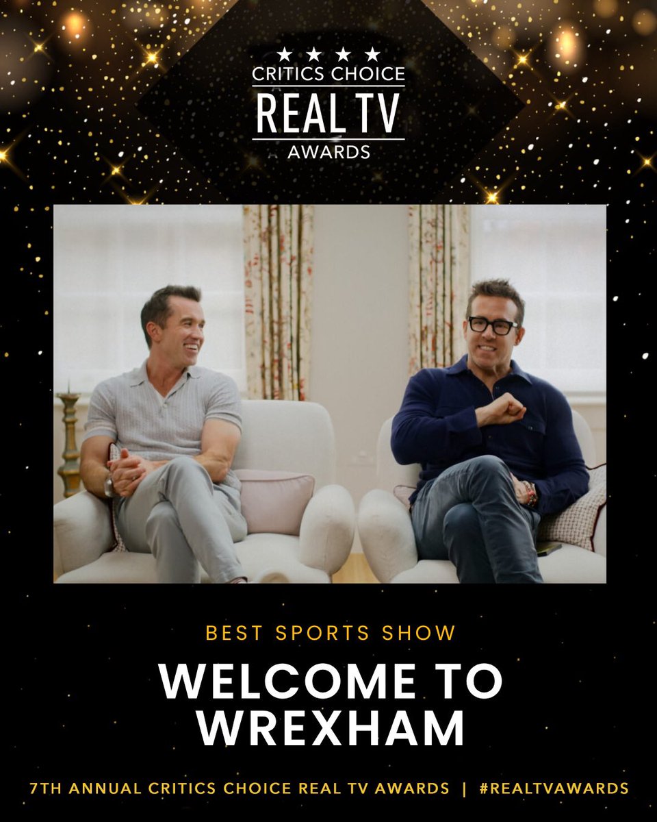Critics Choice Awards (@criticschoice) on Twitter photo Congratulations to "Welcome to Wrexham!"
The show has won the 7th annual Critics Choice Real TV Award for BEST SPORTS SHOW! ⭐️⭐️⭐️⭐️
<a href="/WrexhamFX/">Welcome to Wrexham</a> <a href="/VancityReynolds/">Ryan Reynolds</a>
#WelcometoWrexham #RealTVAwards #CriticsChoice Congratulations to "Welcome to Wrexham!"
The show has won the 7th annual Critics Choice Real TV Award for BEST SPORTS SHOW! ⭐️⭐️⭐️⭐️
<a href="/WrexhamFX/">Welcome to Wrexham</a> <a href="/VancityReynolds/">Ryan Reynolds</a>
#WelcometoWrexham #RealTVAwards #CriticsChoice