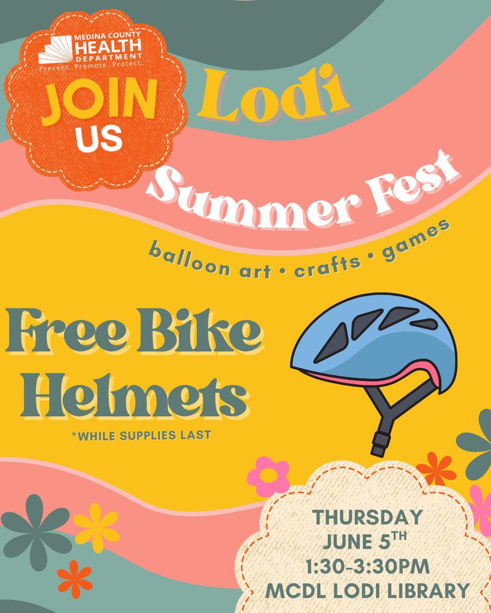 Get ready to kick off summer at Lodi Summerfest, next Thursday from 1:30-3:30pm at the Lodi Library!
We’ll be handing out free bike helmets  thanks to our partners at <a href="/OHPediatricians/">Ohio AAP</a>  and their Put A Lid On It program!
Join us and we can’t wait to see you there!