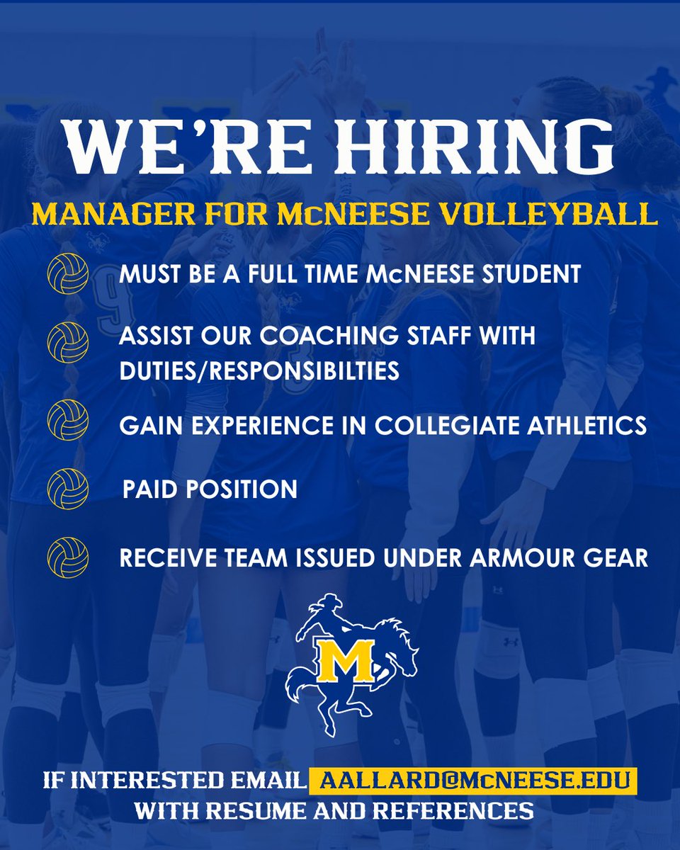 McNeeseVball's tweet image. We are seeking a hard working student to join our McNeese Volleyball family! 

#GeauxPokes