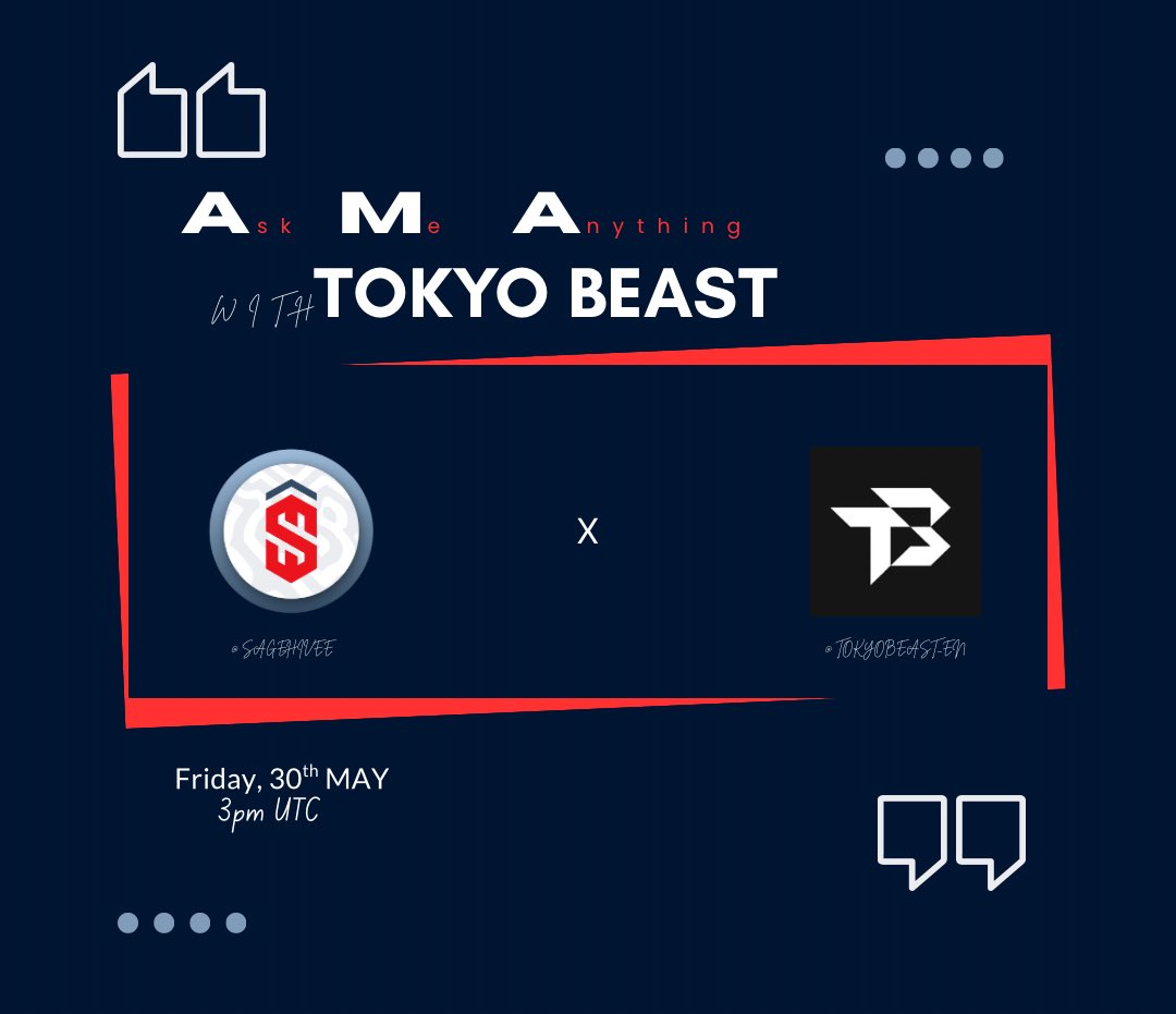 SAGE HIVE ๐ ๏ธ (@sagehivee) on Twitter photo TOKYO BEAST x SAGE HIVE
Pleased to announce our upcoming discord AMA space with <a href="/TOKYOBEAST_EN/">TOKYO BEAST</a>
๐๏ธ Friday, 30th MAY
โฐ 3pm UTC
๐ discord.gg/sagehive
Join us so you donโt miss out on the alphas theyโre going to share with us! TOKYO BEAST x SAGE HIVE
Pleased to announce our upcoming discord AMA space with <a href="/TOKYOBEAST_EN/">TOKYO BEAST</a>
๐๏ธ Friday, 30th MAY
โฐ 3pm UTC
๐ discord.gg/sagehive
Join us so you donโt miss out on the alphas theyโre going to share with us!