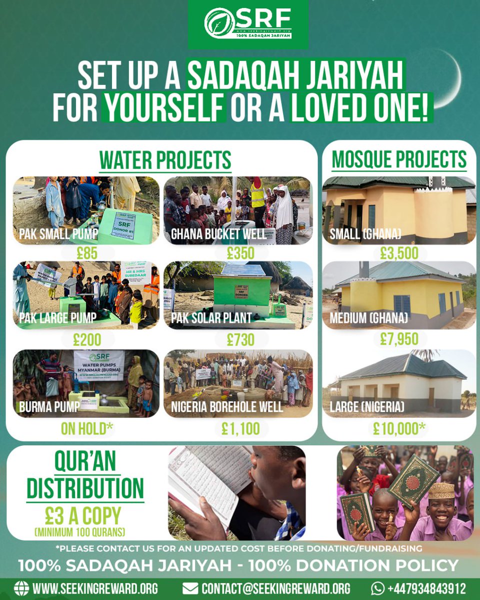 SeekingReward's tweet photo. ๐ Dhul Hijjah 2025 #SadaqahJariyah opportunities! Take advantage of the upcoming blessed day of Arafah by donating to 3 of our most popular projects.
๐ฐTo find out further - visit https://t.co/IzMfw17w4d or WhatsApp us on +447934843912.
๐ #BuildYourJannah with SRF in sha Allah https://t.co/6CjSonxn3F