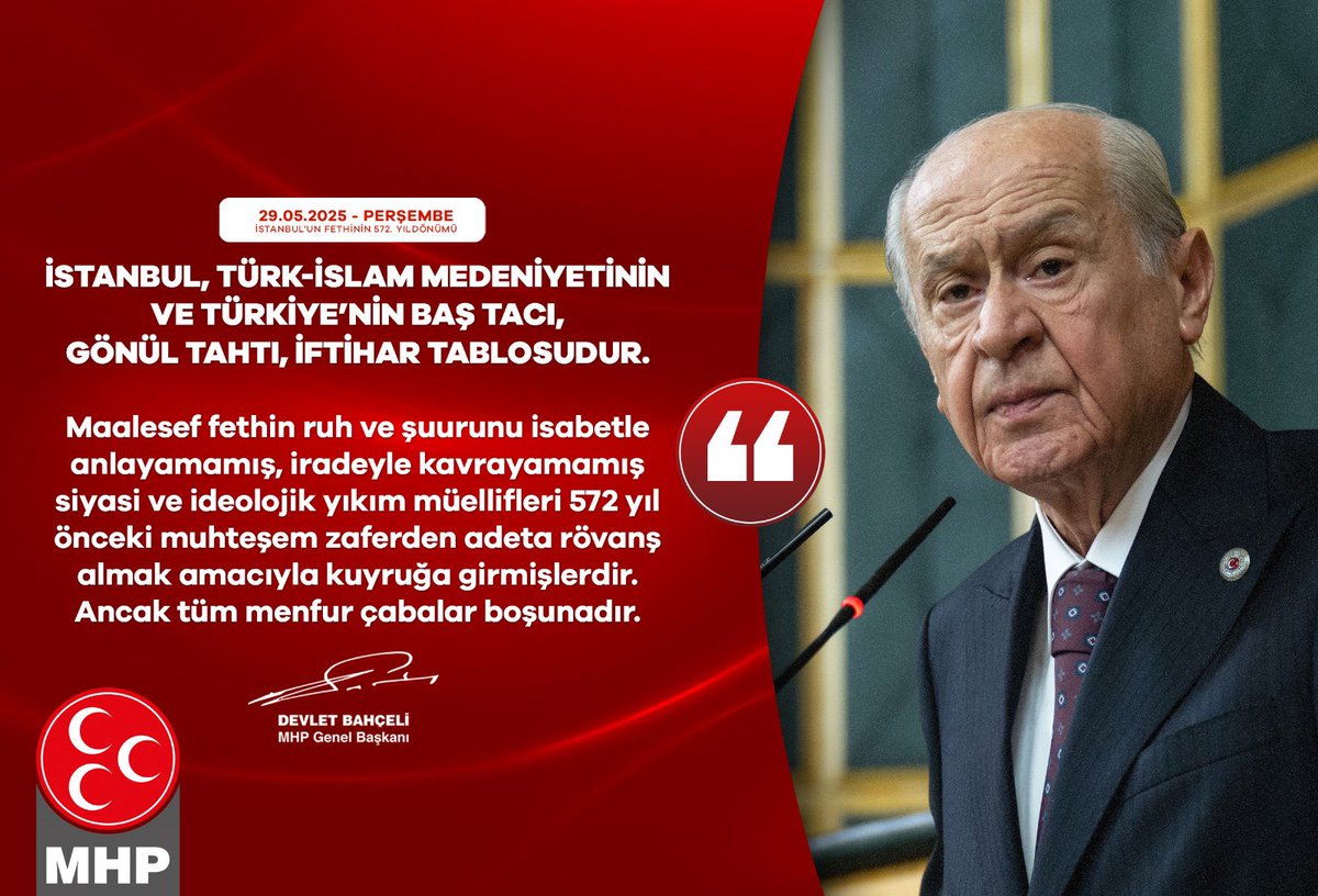 İstanbul, Türk-İslam medeniyetinin ve Türkiye’nin baş tacı, gönül tahtı, iftihar tablosudur.
Maalesef fethin ruh ve şuurunu isabetle anlayamamış, iradeyle kavrayamamış siyasi ve ideolojik yıkım müellifleri 572 yıl önceki muhteşem zaferden adeta rövanş almak amacıyla kuyruğa