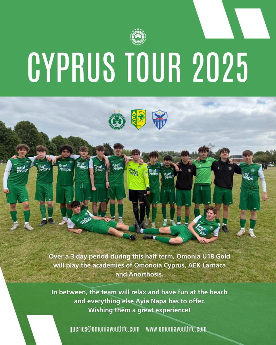 Omonia U18 Gold are in Cyprus this week!

They’re facing Omonia Cyprus, AEK Larnaca &amp; Anorthosis, with time to enjoy everything Ayia Napa has to offer.

#OmoniaYouthFC #U18Gold #CyprusTour2025 #YouthFootball #GrassrootsFootball #FootballTour #NorthLondonFootball #FootballForAll