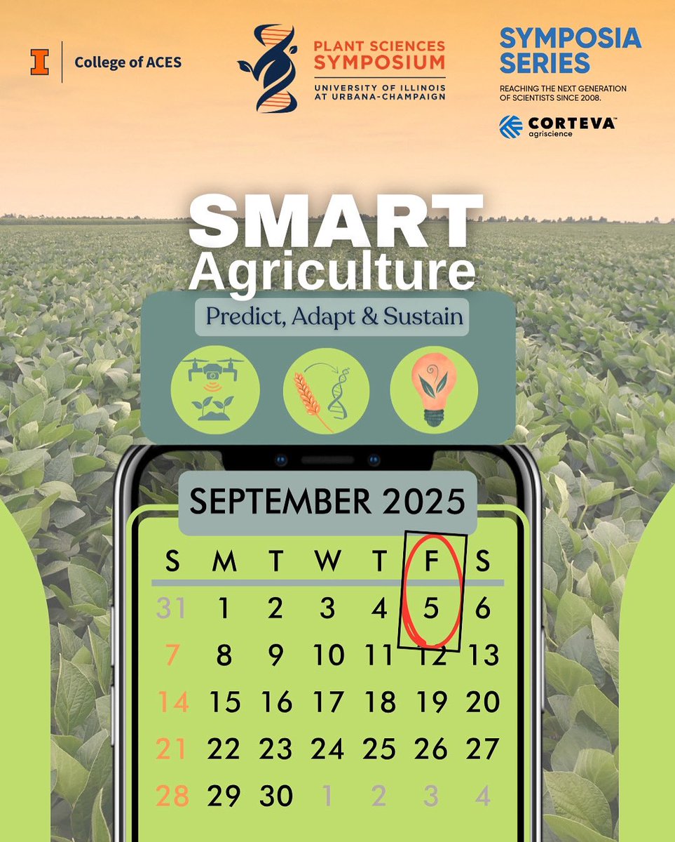 UIUC Plant Science Symposium (@uiucplantscisym) on Twitter photo 🚨 Save the Date 🚨
The 2025 Plant Sciences Symposium is set for Friday, Sept 5 at <a href="/UofIllinois/">University of Illinois</a>
SMART Agriculture: Predict, Adapt & Sustain
Join us to explore innovation in plant science, AI, sustainability & more.
#SMARTag #UIUC #CropSciences
More details coming soon! 🚨 Save the Date 🚨
The 2025 Plant Sciences Symposium is set for Friday, Sept 5 at <a href="/UofIllinois/">University of Illinois</a>
SMART Agriculture: Predict, Adapt & Sustain
Join us to explore innovation in plant science, AI, sustainability & more.
#SMARTag #UIUC #CropSciences
More details coming soon!