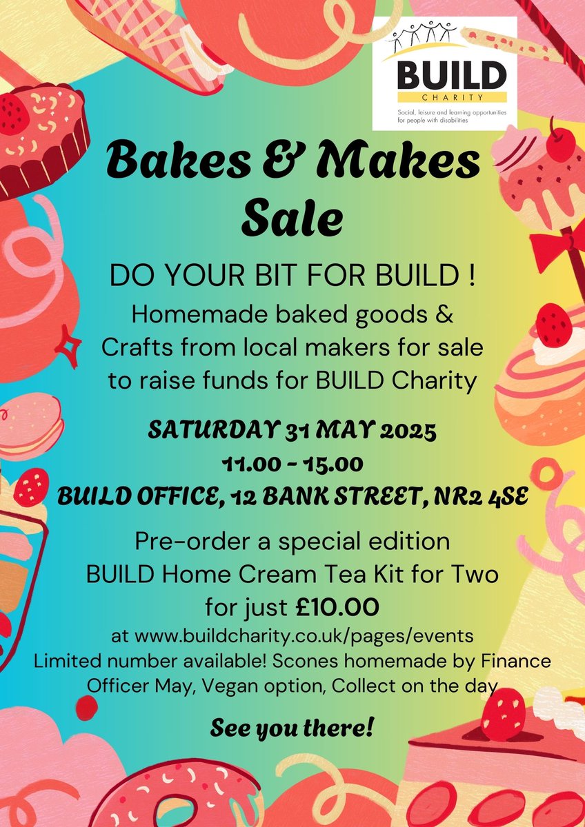 BUILD Charity Bakes and Makes Sale - This Saturday. Cakes and Crafts 31st May 11am til 3pm buildcharity.co.uk/Event/build-ch…