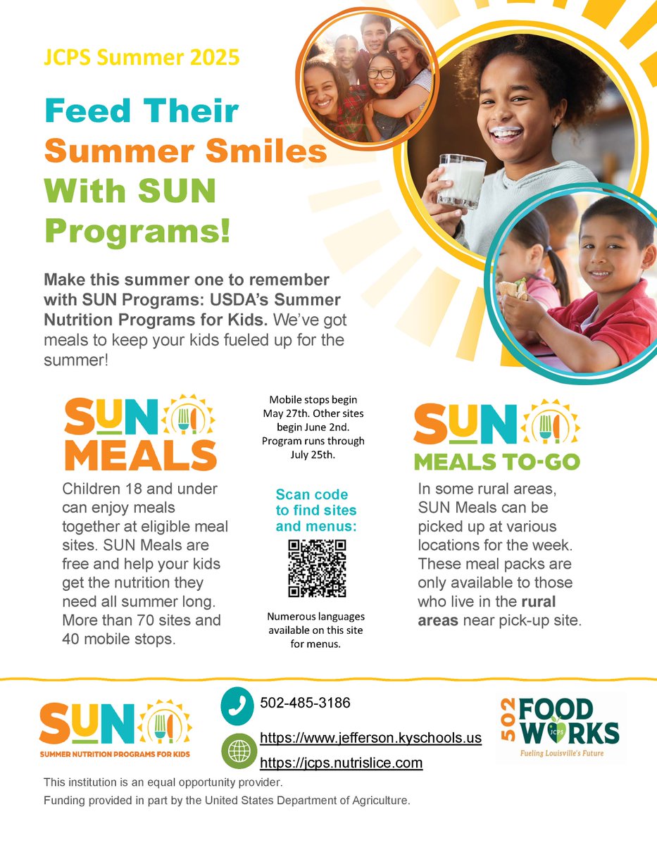 JCPS Language Services (@jcpsls) on Twitter photo 🌞Free summer meals 🍎will be available for kids 1⃣8⃣ & under at 100➕ sites across the <a href="/JCPSKY/">JCPS</a> district‼️
📍Find information in multiple languages here: bit.ly/4mHRaFO. #EquityThroughLanguageAccess
<a href="/JCPSAsstSuptASP/">Dr. Alicia Averette</a>
<a href="/DrJillHandley/">Jill Handley</a>
<a href="/CarolynCal_/">Carolyn Callahan</a>
<a href="/jcpsschoolmeals/">JCPSschoolmeals</a> 🌞Free summer meals 🍎will be available for kids 1⃣8⃣ & under at 100➕ sites across the <a href="/JCPSKY/">JCPS</a> district‼️
📍Find information in multiple languages here: bit.ly/4mHRaFO. #EquityThroughLanguageAccess
<a href="/JCPSAsstSuptASP/">Dr. Alicia Averette</a>
<a href="/DrJillHandley/">Jill Handley</a>
<a href="/CarolynCal_/">Carolyn Callahan</a>
<a href="/jcpsschoolmeals/">JCPSschoolmeals</a>
