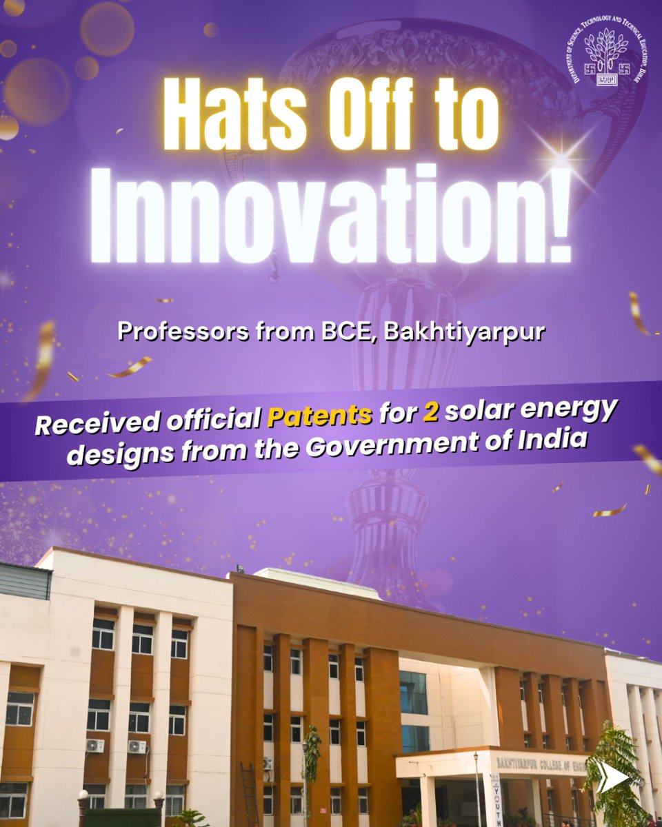 DSTTEBihar's tweet photo. Proud moment for Bakhtiyarpur College of Engineering! 
Faculty members receive Govt of India patents for innovative solar absorber plate designs. A big step towards #SustainableTech &amp; #Innovation! 

#PatentGranted #EngineeringInnovation #BiharTech #RND #MakeInIndia https://t.co/h8HsD2D16Q