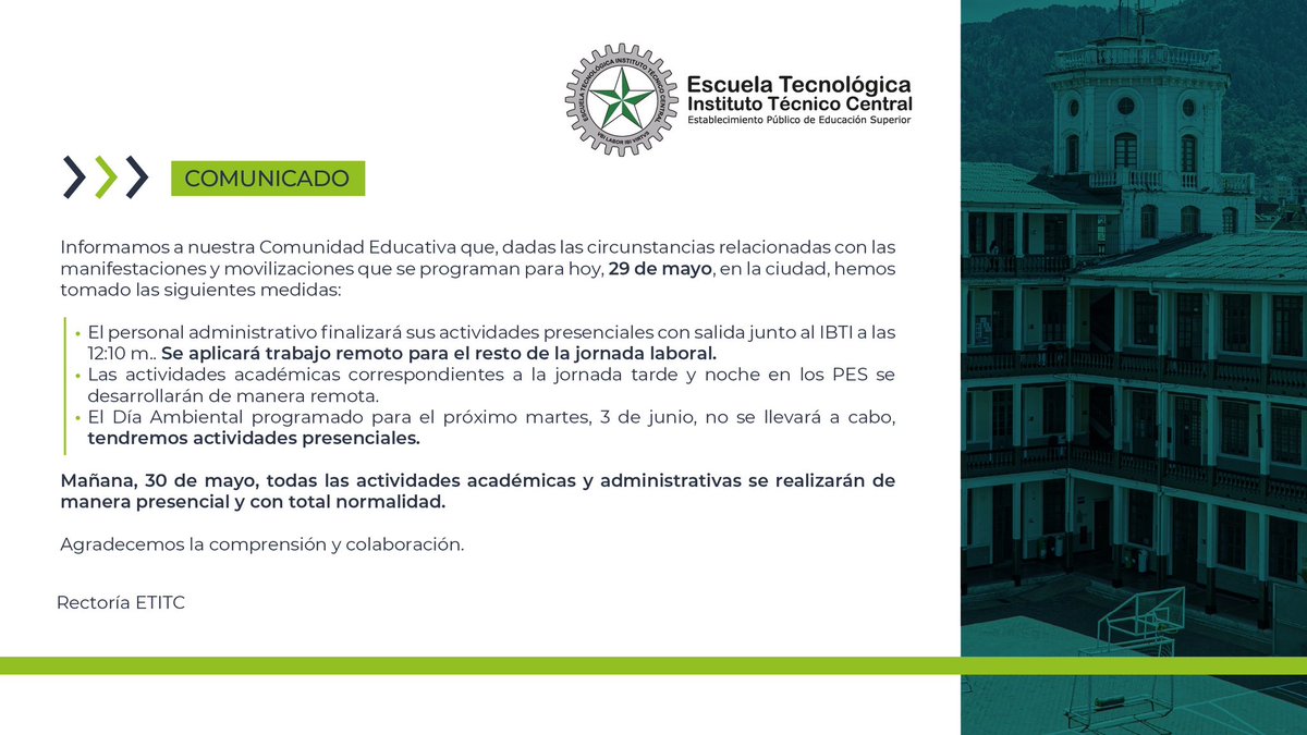 Escuela Tecnológica Instituto Técnico Central (@etitc) on Twitter photo ¡Atención Comunidad Educativa! 📢  Por el resto del día, nuestras actividades serán remotas 💻 Mañana retomamos con normalidad y presencialidad ✅ ¡Gracias por su comprensión! ¡Atención Comunidad Educativa! 📢  Por el resto del día, nuestras actividades serán remotas 💻 Mañana retomamos con normalidad y presencialidad ✅ ¡Gracias por su comprensión!