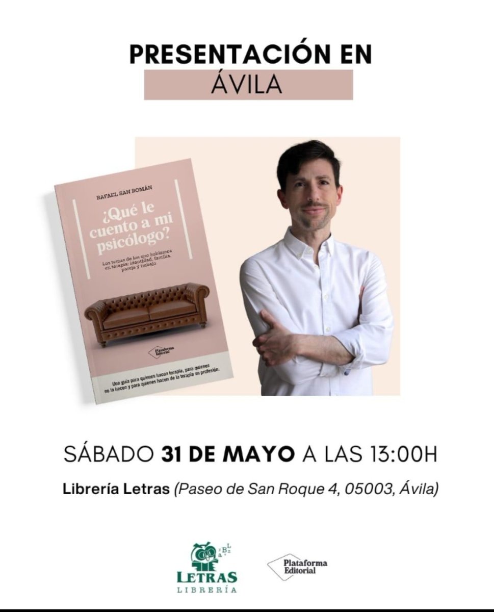 El sábado 31, Ávila, en <a href="/LetrasLibrera/">Librería Letras</a> ,13:00h, #RafaelSanRomán ✍🏾 presenta 📕: "Q le cuento a mi psicólogo?" Una guía para lxs q van a terapia, para lxs q no, y para lxs q hacen de la terapia su profesión.