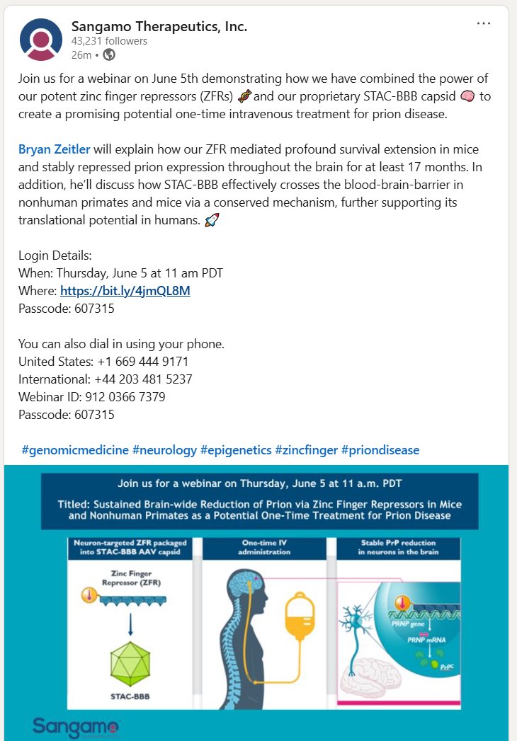 ZinselmeyerB's tweet photo. @BiotechAnalysst @sangamo webinar June 5th demonstrating how combined power of potent zinc finger repressors (#ZFRs) and proprietary STAC-BBB #capsid create a promising potential one-time intravenous treatment for prion disease. $SGMO #ZiFi
https://t.co/SaJ5Yr1ADz https://t.co/J3FHVMuHtl