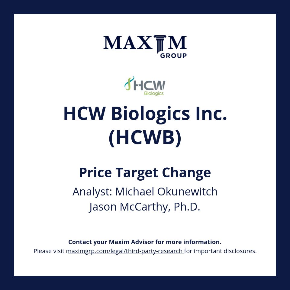 Maxim Group LLC (@maximgrp) on Twitter photo Please email: rep@maximgrp.com
To receive: Maxim Group - Morning Minutes / Maxim Group - Equity Research
HCW Biologics Inc. $HCWB covered by Michael Okunewitch, Jason McCarthy, Ph.D.
Visit buff.ly/4ehPTR6 for important disclosures. Please email: rep@maximgrp.com
To receive: Maxim Group - Morning Minutes / Maxim Group - Equity Research
HCW Biologics Inc. $HCWB covered by Michael Okunewitch, Jason McCarthy, Ph.D.
Visit buff.ly/4ehPTR6 for important disclosures.