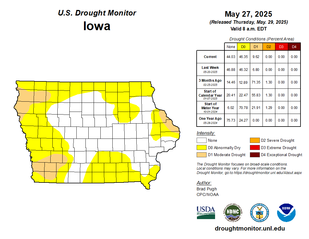 JustinMGlisan's tweet photo. This AM's #Drought25 map shows increasing Abnormal Dryness (D0) in south-central/western #IA. The Moderate Drought (D1) pocket has expanded in SW #IA as 3-6 month precip. deficits are exacerbating below avg. soil moisture profiles & streamflow. #IowaAg #IowaClimate #grow25 https://t.co/zseBsANA8B