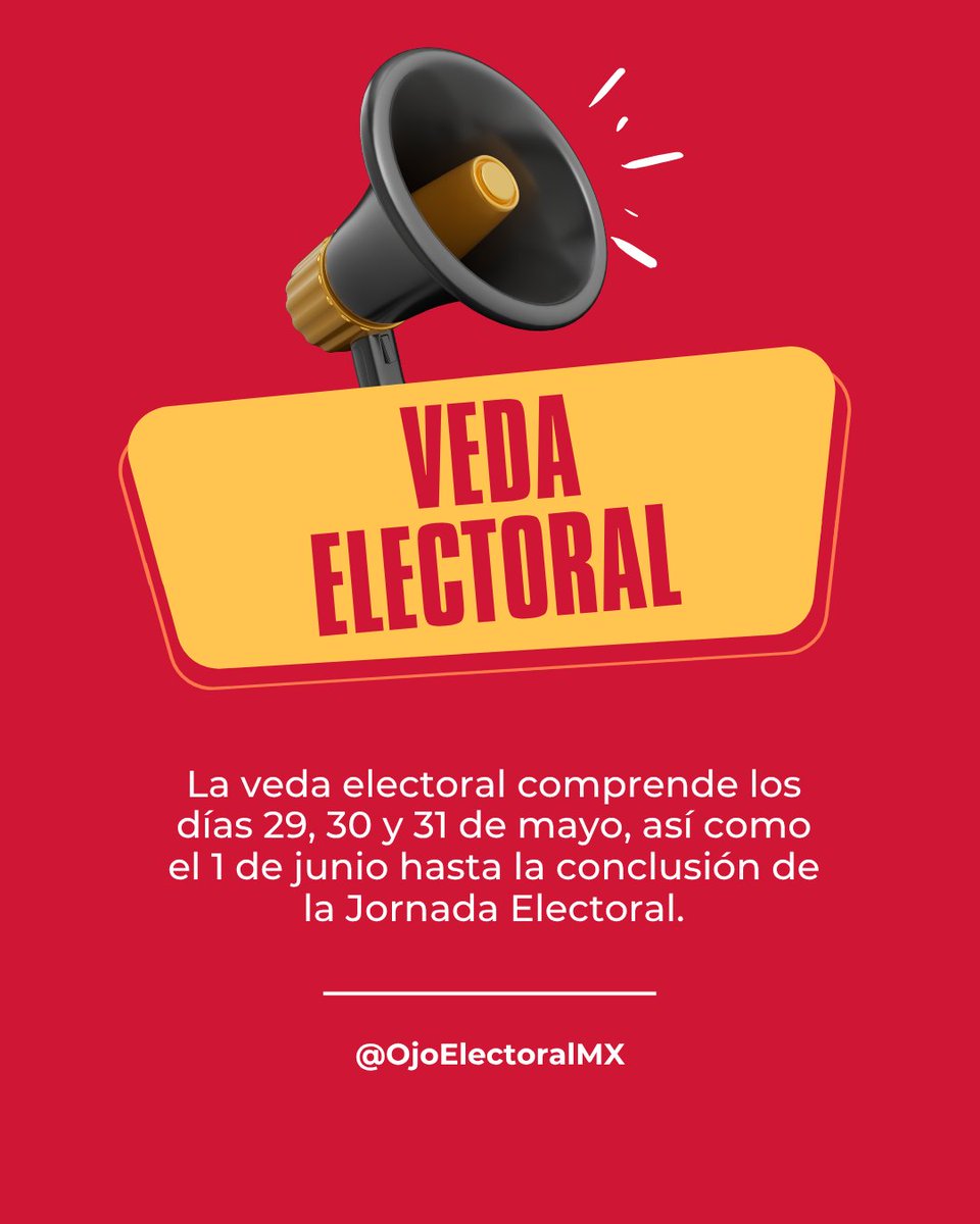 📢 Ya inició la veda electoral.

El periodo de #VedaElectoral comprende los tres días previos a la jornada electoral: 29, 30 y 31 de mayo, así como el día de la jornada hasta el cierre de casillas.