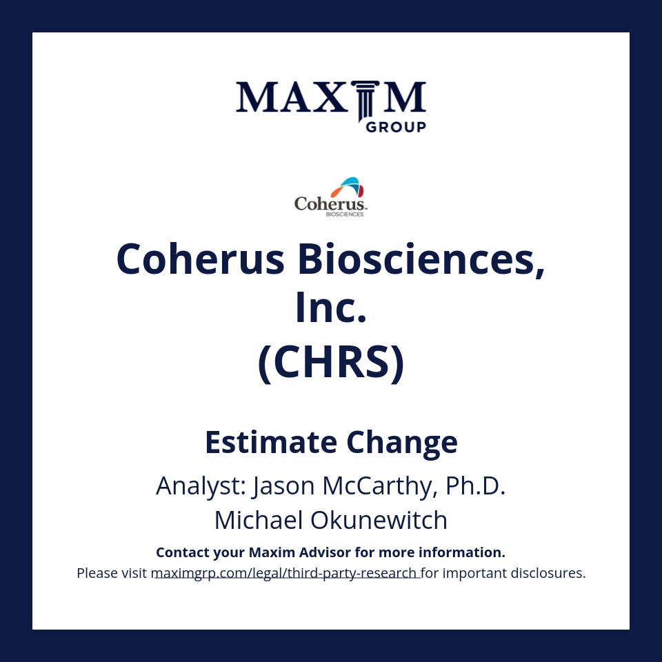 Maxim Group LLC (@maximgrp) on Twitter photo Please email: rep@maximgrp.com
To receive: Maxim Group - Morning Minutes / Maxim Group - Equity Research
Coherus Biosciences, Inc. $CHRS covered by Jason McCarthy, Ph.D., Michael Okunewitch
Visit buff.ly/4ehPTR6 for important disclosures. Please email: rep@maximgrp.com
To receive: Maxim Group - Morning Minutes / Maxim Group - Equity Research
Coherus Biosciences, Inc. $CHRS covered by Jason McCarthy, Ph.D., Michael Okunewitch
Visit buff.ly/4ehPTR6 for important disclosures.