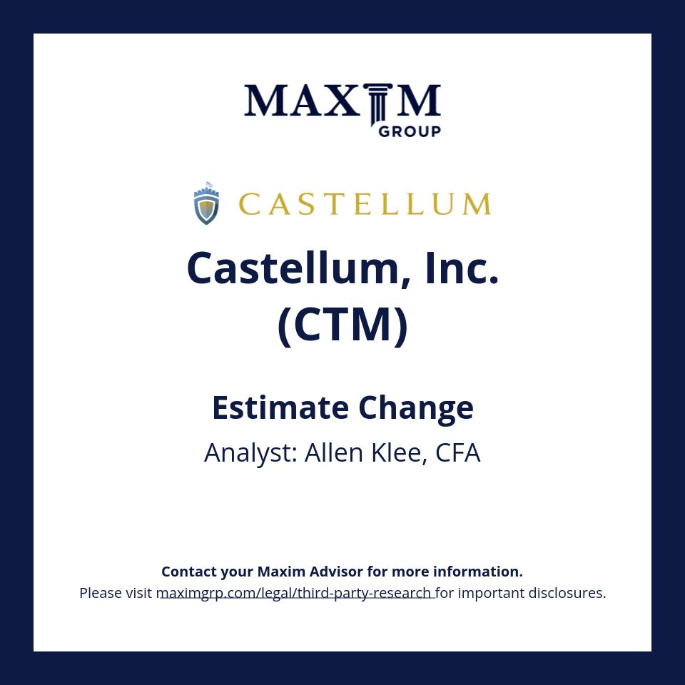 Maxim Group LLC (@maximgrp) on Twitter photo Please email: rep@maximgrp.com
To receive: Maxim Group - Morning Minutes / Maxim Group - Equity Research
Castellum, Inc. $CTM covered by Allen Klee, CFA
Visit buff.ly/4ehPTR6 for important disclosures. Please email: rep@maximgrp.com
To receive: Maxim Group - Morning Minutes / Maxim Group - Equity Research
Castellum, Inc. $CTM covered by Allen Klee, CFA
Visit buff.ly/4ehPTR6 for important disclosures.