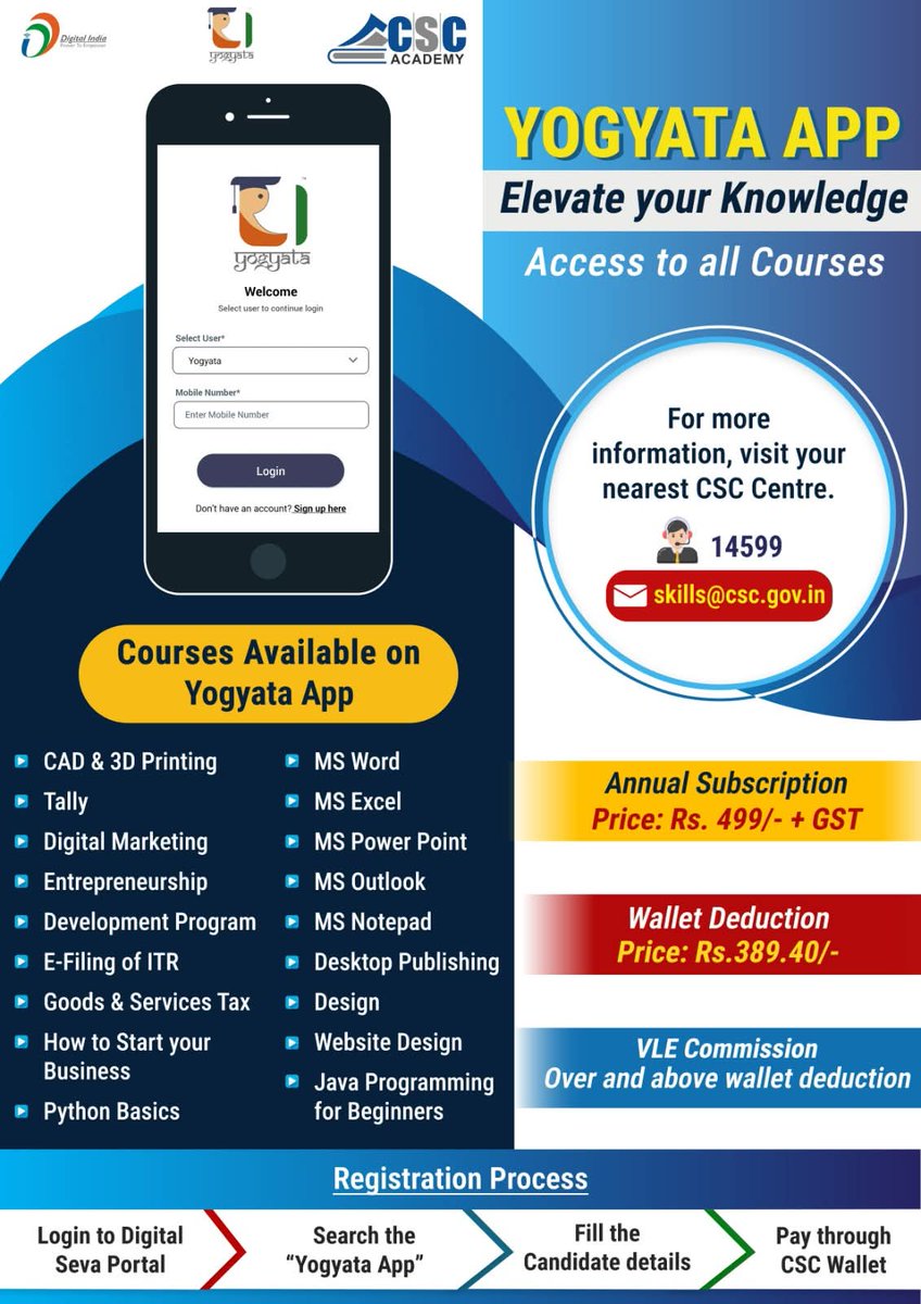CSCeGov (@cscegov_) on Twitter photo YOGYATA APP - Elevate your Knowledge...
New courses introduced on the Yogyata App like CAD & 3D Printing, Tally, Digital Marketing, and much more...
Annual Subscription Price: тВ╣499 + GST
For more details, please visit the nearest CSC centre or contact at skills@csc.gov.in or YOGYATA APP - Elevate your Knowledge...
New courses introduced on the Yogyata App like CAD & 3D Printing, Tally, Digital Marketing, and much more...
Annual Subscription Price: тВ╣499 + GST
For more details, please visit the nearest CSC centre or contact at skills@csc.gov.in or