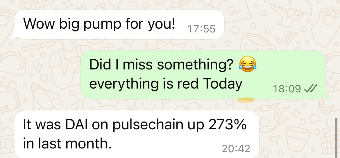 BTC Maxi friend approached me congratulating me for the pump. 

He noticed $pDAI pump. 

I never told him about pDAI. Only PulseChain. He didn’t know it went to 0 before. Twice. Green candles work. 

$pDAI to a dollar. Award-winning narrative. pDAI will onboard millions.