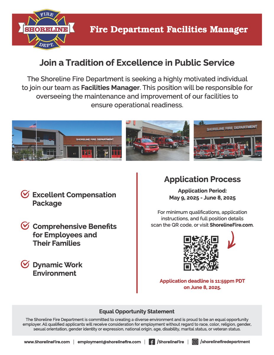 Now Hiring: Facilities Manager! Join the Shoreline Fire Department and help keep our stations mission-ready! We’re looking for a dedicated professional to oversee the maintenance and improvement of our facilities.

🔗 Learn more + apply: ShorelineFire.com