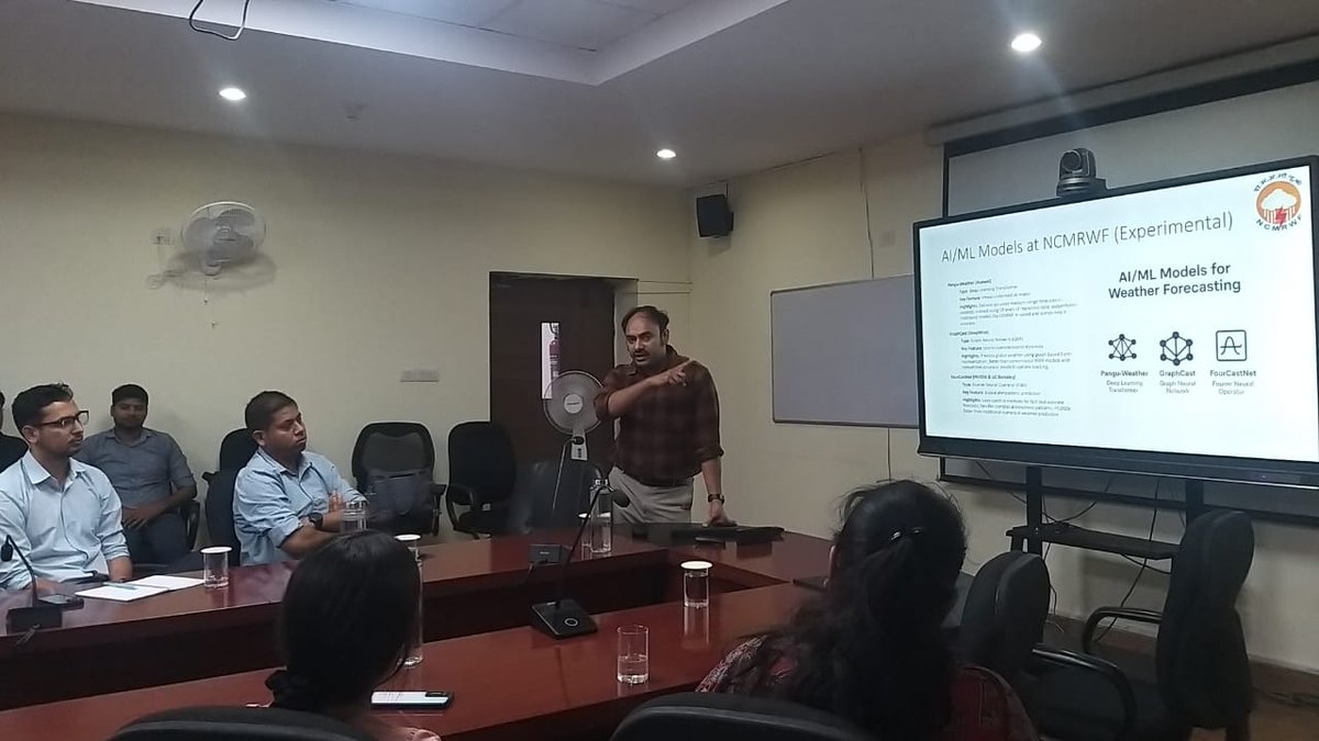 On Day 2 of the NWP Training-cum-Workshop at NCMRWF, Dr. Niranjan Kumar, Scientist-E, gave a talk on “AI/ML Methods for Weather Forecasting.”

He introduced both basic concepts and advanced AI models like GraphCast, Pangu-Weather, and FourCastNet. The session showed how AI is