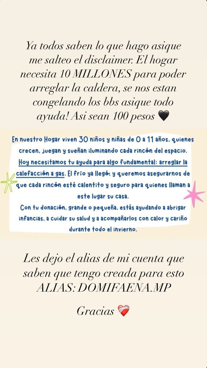 🚨🚨Domi Faena está ayudando al hogar en donde se encuentran los dos niños de los cuales ella es familia de apoyo. El hogar está necesitando dinero para arreglar la caldera, ya que los chicos están con frío dentro del hogar.

ALIAS: DOMIFAENA.MP