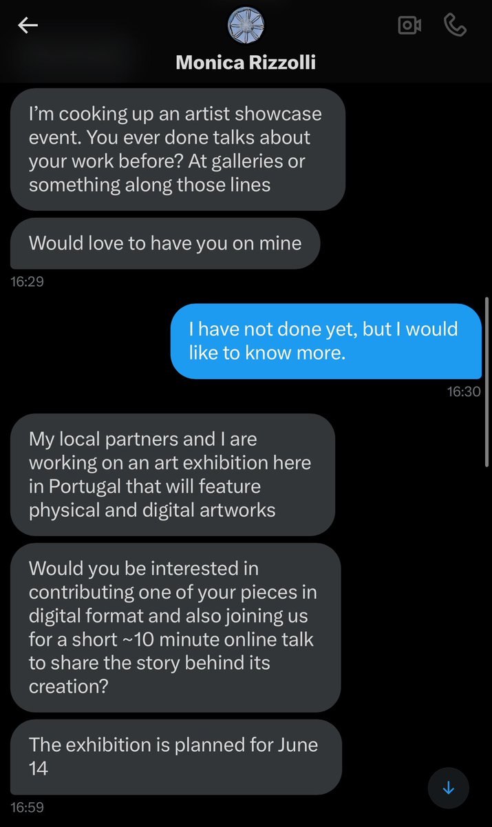 100% confirmed that <a href="/MonicaRizzolli/">Monica Rizzolli</a>'s account is hacked, and is trying to scam people out there in the name of exhibition.

Do not fall for it. The DMs are pretty sophisticated, but don't let your guards down. Stay safe!