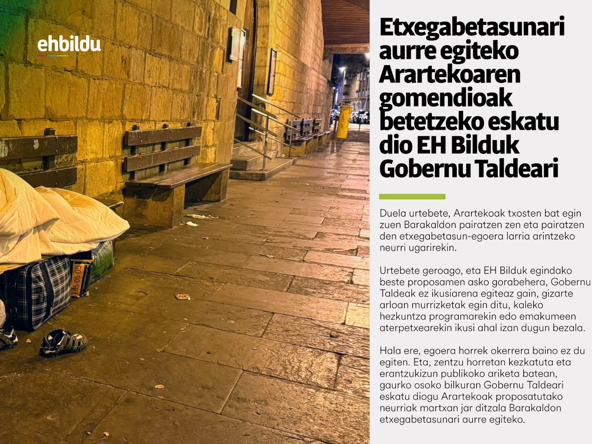 ⏩️ Etxegabetasunari aurre egiteko Arartekoaren gomendioak betetzeko eskatu dio EH Bilduk Gobernu Taldeari

⏩️ EH Bildu solicita al Equipo de Gobierno que cumpla las recomendaciones del Ararteko para hacer frente al sinhogarismo