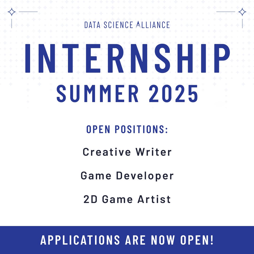 Data Science Alliance (@datascienceall1) on Twitter photo Intern applications are open! 🚀
Apply through the link in our bio, or email your resume! If you're interested in the developer or artist position, email orion@datasciencealliance.org. If you're interested in the creative writing position, email kallyn@datasciencealliance.org! Intern applications are open! 🚀
Apply through the link in our bio, or email your resume! If you're interested in the developer or artist position, email orion@datasciencealliance.org. If you're interested in the creative writing position, email kallyn@datasciencealliance.org!