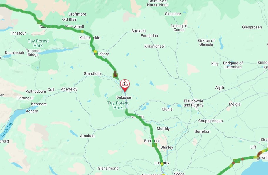Traffic Scotland (@trafficscotland) on Twitter photo <a href="/NWTrunkRoads/">BEAR NW Trunk Roads</a> UPDATE❗⌚17:39
🛣️ #A9 Dowally
⚠️ Partially blocked in both directions due to a collision
🚔Emergency services are at scene
❗ Approx 65 minute delay for Southbound traffic with no major delay Northbound at the moment
<a href="/NWTrunkRoads/">BEAR NW Trunk Roads</a> <a href="/NWTrunkRoads/">BEAR NW Trunk Roads</a> UPDATE❗⌚17:39
🛣️ #A9 Dowally
⚠️ Partially blocked in both directions due to a collision
🚔Emergency services are at scene
❗ Approx 65 minute delay for Southbound traffic with no major delay Northbound at the moment
<a href="/NWTrunkRoads/">BEAR NW Trunk Roads</a>