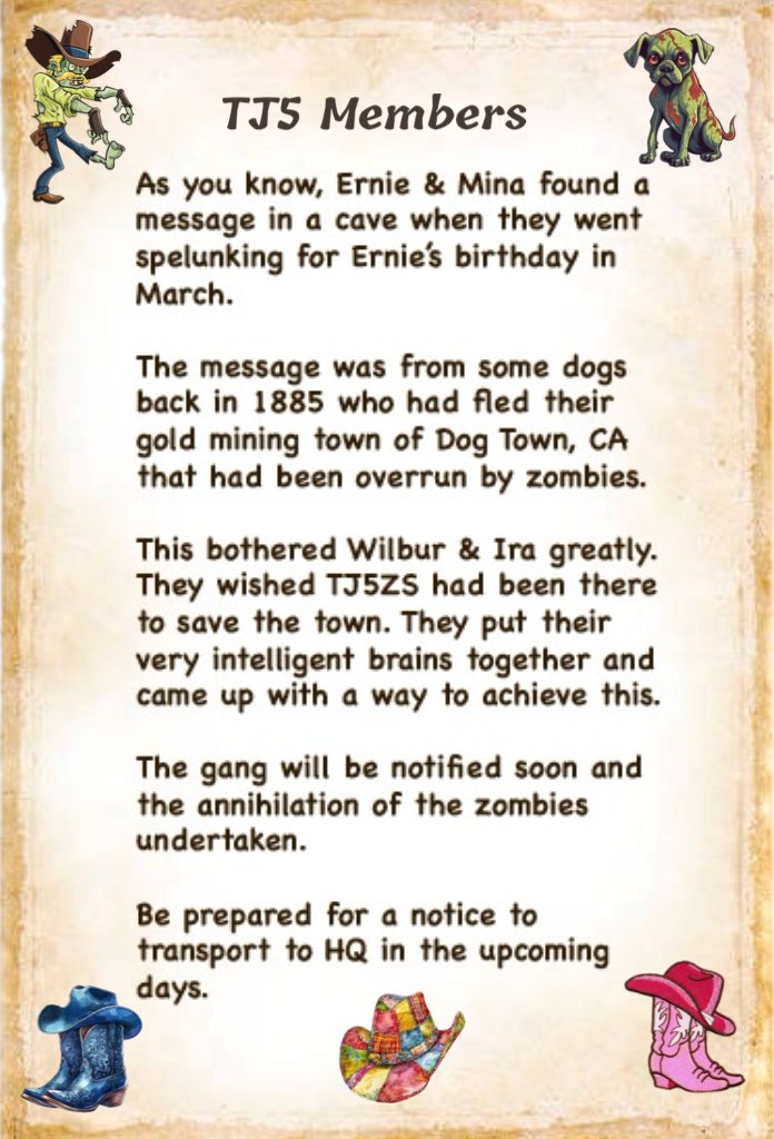 Mina the Menace & Ira the Imp (@affieobi) on Twitter photo <a href="/websparx/">Rocket π Dawg & memories of π Sugar</a> <a href="/WonderWilbur/">Wilbur the Wonder & Ernie the Explorer</a> <a href="/Coopers_PR_Mom/">CLawGrl & Cooper πΎ</a> <a href="/ElizGriff2016/">Elizabeth Griffith</a> <a href="/DottieMinerva1/">Dottie Minerva</a> <a href="/Minniecat16/">Arya, Lt Colonel in ZS πBale, Pixie, Cattis</a> <a href="/BogartSmith3/">Corporal Cheeto the Marvelous</a> <a href="/MingxiTzu/">MingxiTzu π¨π¦</a> <a href="/Mickeypaws1/">Mickey Paws πΎπΎ</a> <a href="/elvisbulldoguk1/">The Adventures of Elvis,Teddy,Bear,Cookie and Coco</a> <a href="/CanadianPenny1/">CanadianPenny π¨π¦</a> <a href="/AkitaHampton/">Hampton the Akita</a> <a href="/TuckerDude1/">Tucker</a> <a href="/thecockerbros/">π»π π πππ βππ‘π‘πͺ</a> <a href="/annielynnshea/">Adrienne & Rugie-Roo</a> Time is ticking! Make sure you get lots of rest. We have zombie butts to kick soon!!
Tune in June 1st. A time will be posted on Saturday.
#TJ5ZombieSquad #ZSHQ <a href="/websparx/">Rocket π Dawg & memories of π Sugar</a> <a href="/WonderWilbur/">Wilbur the Wonder & Ernie the Explorer</a> <a href="/Coopers_PR_Mom/">CLawGrl & Cooper πΎ</a> <a href="/ElizGriff2016/">Elizabeth Griffith</a> <a href="/DottieMinerva1/">Dottie Minerva</a> <a href="/Minniecat16/">Arya, Lt Colonel in ZS πBale, Pixie, Cattis</a> <a href="/BogartSmith3/">Corporal Cheeto the Marvelous</a> <a href="/MingxiTzu/">MingxiTzu π¨π¦</a> <a href="/Mickeypaws1/">Mickey Paws πΎπΎ</a> <a href="/elvisbulldoguk1/">The Adventures of Elvis,Teddy,Bear,Cookie and Coco</a> <a href="/CanadianPenny1/">CanadianPenny π¨π¦</a> <a href="/AkitaHampton/">Hampton the Akita</a> <a href="/TuckerDude1/">Tucker</a> <a href="/thecockerbros/">π»π π πππ βππ‘π‘πͺ</a> <a href="/annielynnshea/">Adrienne & Rugie-Roo</a> Time is ticking! Make sure you get lots of rest. We have zombie butts to kick soon!!
Tune in June 1st. A time will be posted on Saturday.
#TJ5ZombieSquad #ZSHQ