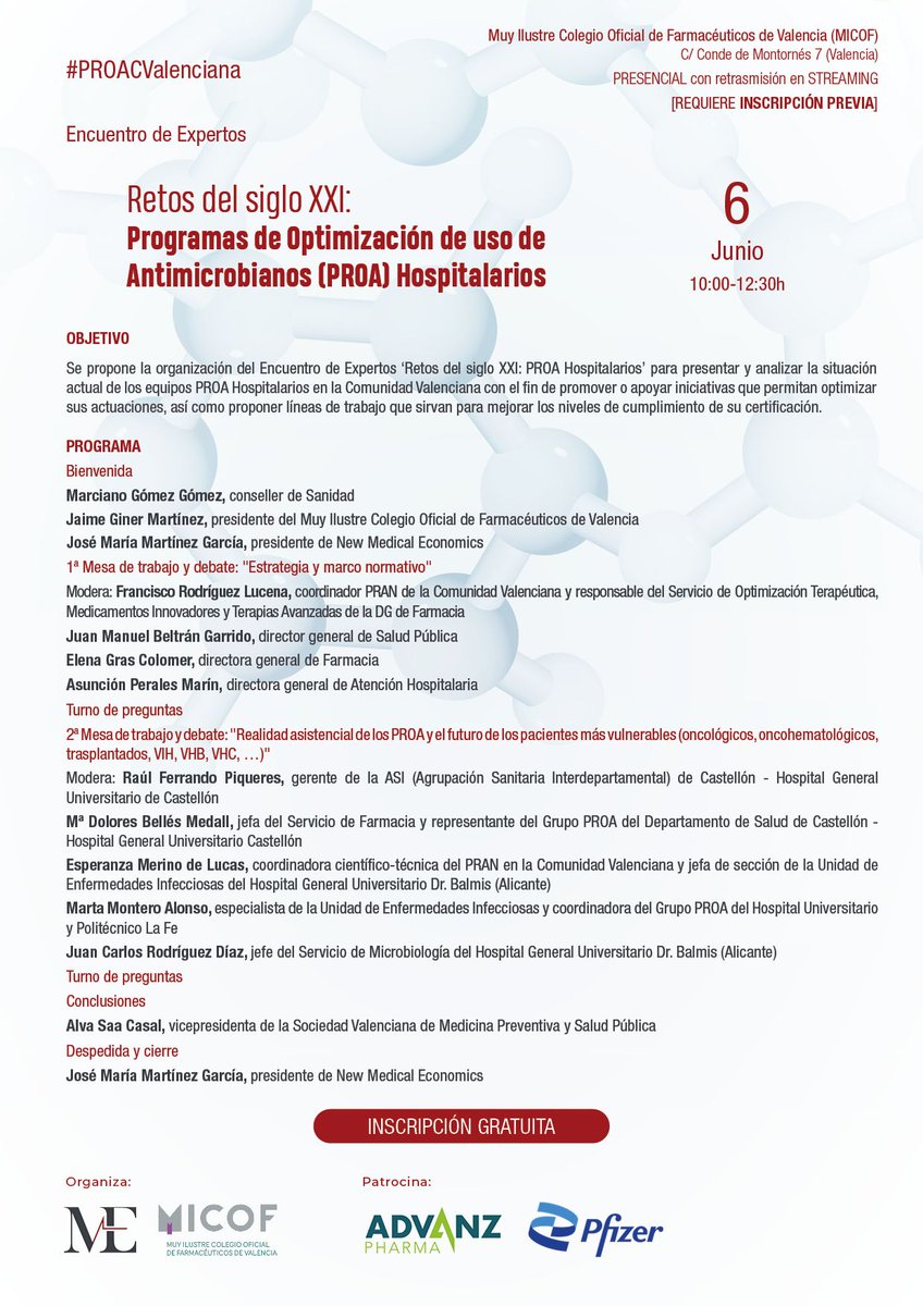🔴 Encuentro de Expertos ‘Retos del siglo XXI: Programas de Optimización de uso de Antimicrobianos (PROA) Hospitalarios’

📆 6 de junio de 2025 | 🕙 De 10:00 a 12:30h
📍 Salón de Actos del MICOF – C/ Conde de Montornés, 7 (Valencia)

👉 newmedicaleconomics.es/encuentro-de-e…

#PROAValencia
