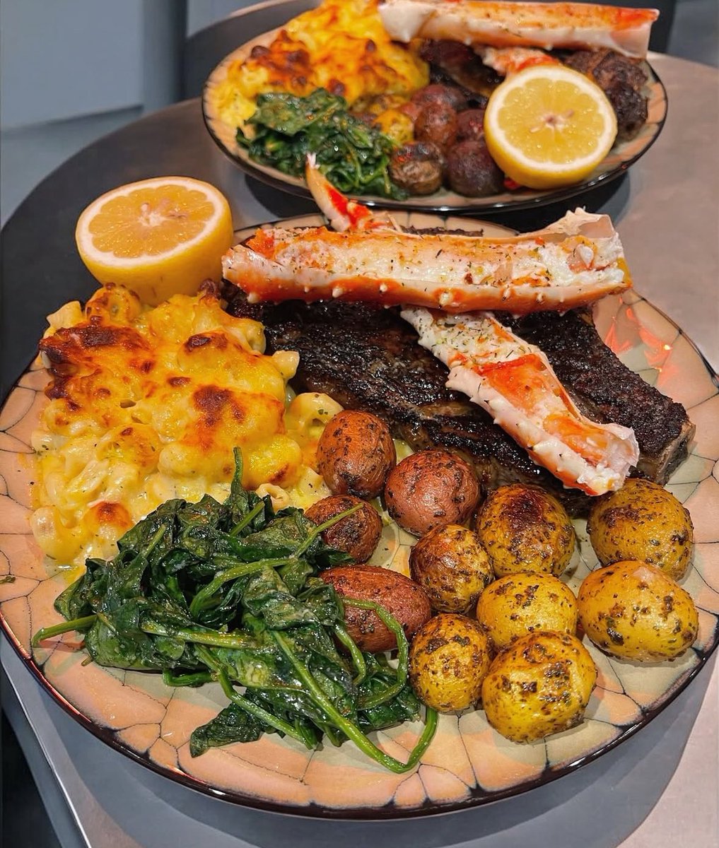 What would you remove from this ultimate surf and turf dinner platter 🥩 🦀 🍃🥔 ??