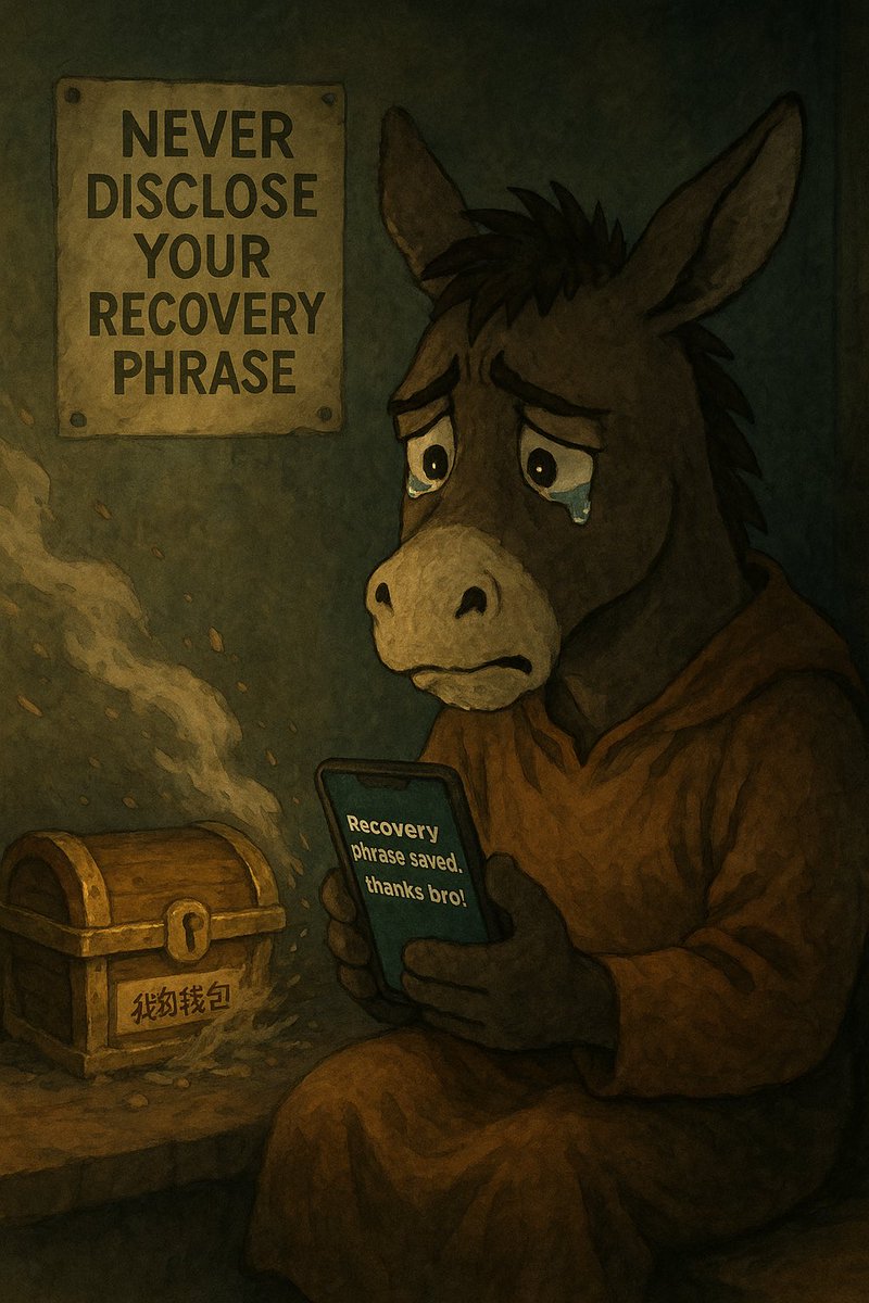 "Donkey Travels · Currency Circle 81 Difficulties"

The fourth difficulty: the wallet mnemonic word is sent to the wrong group

Story:

"Finally, I have the courage to prepare my wallet!" The stubborn donkey said to himself.

That night, he put on his headphones and played the