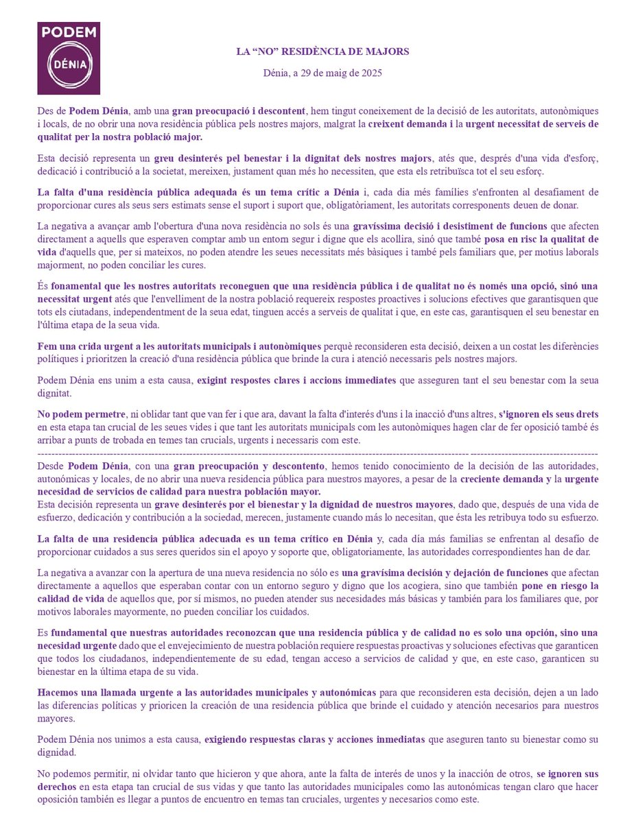 Comunicado de Podem Dénia sobre la no construcción de la residencia de mayores.