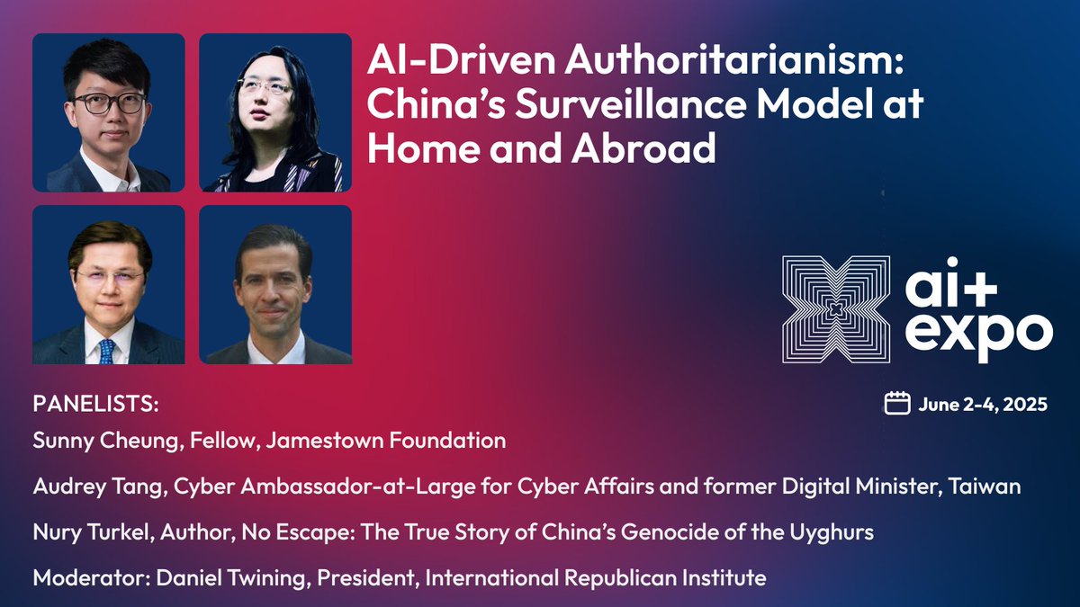 Special Competitive Studies Project (@scsp_ai) on Twitter photo At #SCSPAIExpo25, we're hosting "AI-Driven Authoritarianism: China’s Surveillance Model at Home and Abroad."
This panel features <a href="/SunnyCheungky/">Sunny Cheung</a> (Jamestown Foundation (<a href="/JamestownTweets/">Jamestown Foundation</a>)), Audrey Tang (<a href="/audreyt/">⿻ Audrey Tang 唐鳳</a>) (Cyber Ambassador-at-Large, Taiwan), and @NuryTurkel (Author, No At #SCSPAIExpo25, we're hosting "AI-Driven Authoritarianism: China’s Surveillance Model at Home and Abroad."
This panel features <a href="/SunnyCheungky/">Sunny Cheung</a> (Jamestown Foundation (<a href="/JamestownTweets/">Jamestown Foundation</a>)), Audrey Tang (<a href="/audreyt/">⿻ Audrey Tang 唐鳳</a>) (Cyber Ambassador-at-Large, Taiwan), and @NuryTurkel (Author, No