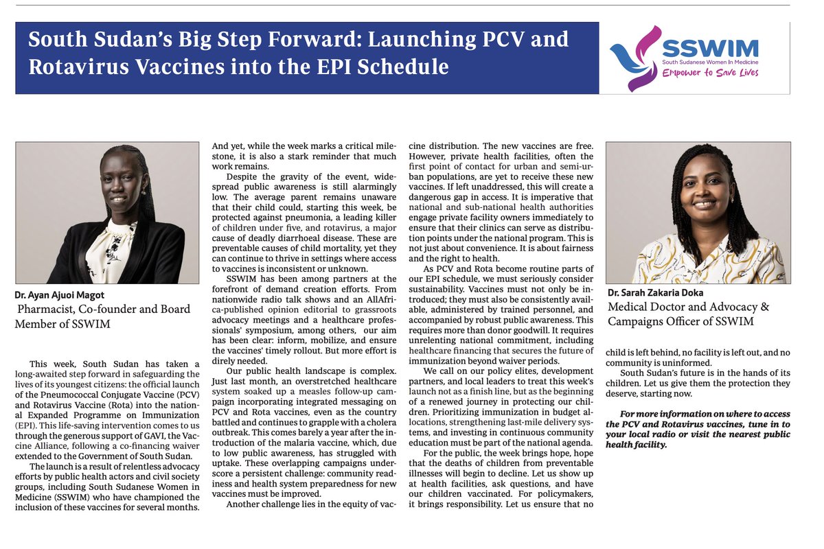 📢 A big win for #SouthSudan! PCV &amp; Rotavirus vaccines are now in the national EPI schedule, a vital step for child survival.
SSWIM’s own Dr. Ayan Magot &amp; Dr. Sarah Doka break it down in this must-read reflection on advocacy, access &amp; equity.
📰 Read article in image 
#PCV&amp;Rota