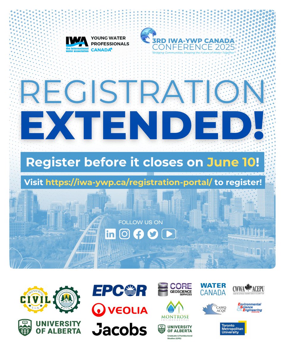 There’s no better way to connect, collaborate, and drive the future of water than by attending the 3rd IWA-YWP Canada Conference!

Registration has been extended until June 10! 🔗 Register now: iwa-ywp.ca/registration-p…

#WaterLeadership #YoungWaterProfessionals #CareerGrowth