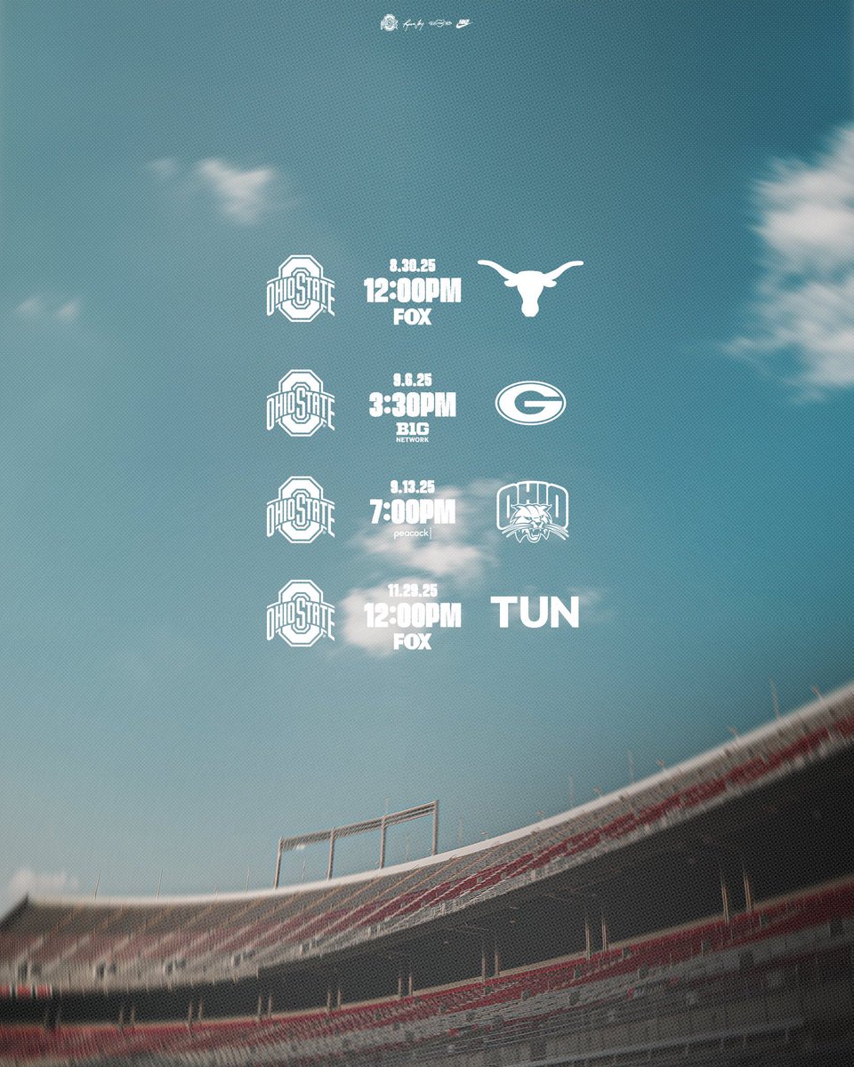Ohio State’s non-conference kickoff times are set. I can’t wait for Ohio at Ohio State at night only seen on Peacock! 

Week 1 vs. Texas – Noon, FOX
Week 2 vs. Grambling State – 3:30 p.m., Big Ten Network
Week 3 vs. Ohio – 7 p.m., Peacock