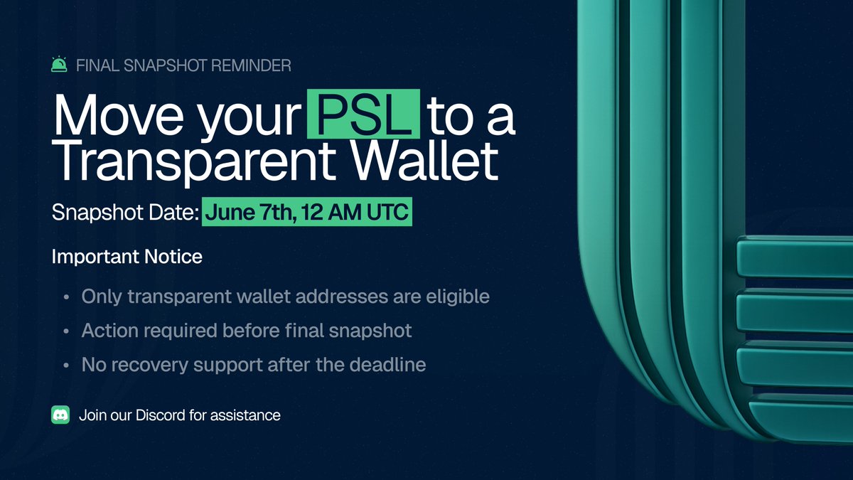 🚨 Final Snapshot Reminder

Only PSL in transparent wallets will be eligible for the $LUME conversion

🗓️ Snapshot Date: June 7th 12AM UTC
🔒 Shielded wallets &amp; exchange balances won’t be counted
⏳ No support can be provided after the deadline

🔗 Wallet eligibility