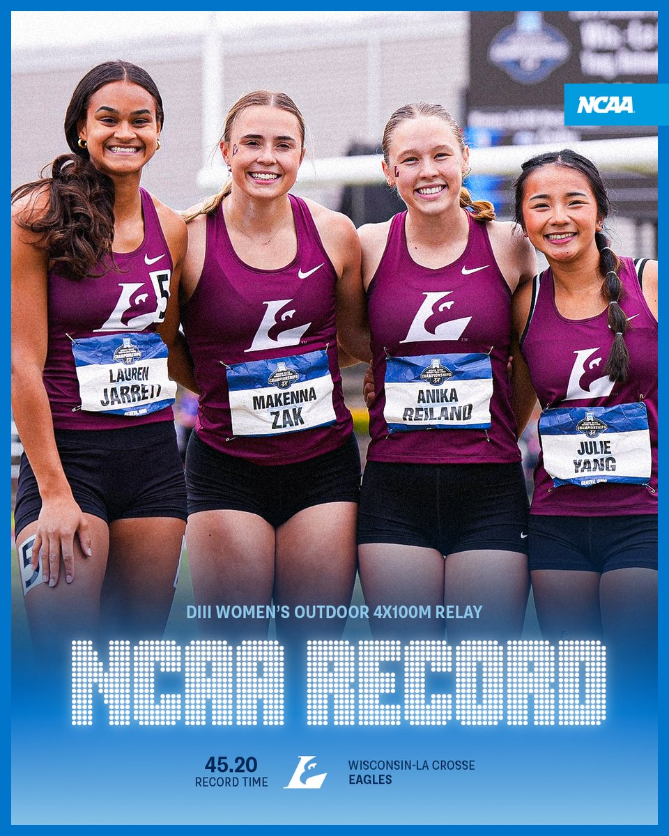 NCAA (@ncaa) on Twitter photo 🚨 NEW RECORD ALERT 🚨
👟 Julie Yang
👟 Anika Reiland
👟 Makenna Zak
👟 Lauren Jarrett
<a href="/NCAADIII/">NCAA Division III</a> x <a href="/UWLAthletics/">UWL Athletics</a> 🚨 NEW RECORD ALERT 🚨
👟 Julie Yang
👟 Anika Reiland
👟 Makenna Zak
👟 Lauren Jarrett
<a href="/NCAADIII/">NCAA Division III</a> x <a href="/UWLAthletics/">UWL Athletics</a>