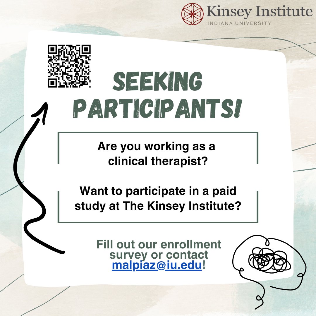 Kinsey Institute at IU (@kinseyinstitute) on Twitter photo Are you a clinical therapist? Taken on a new client? If yes, we're recruiting for a paid #research study.
Get details & check eligibility iu.co1.qualtrics.com/jfe/form/SV_0B…
Must:
✅be 18+
✅work w/adults
✅attend 3x visits <a href="/IUBloomington/">IU Bloomington</a>
<a href="/IUCollege/">The College at IU</a> <a href="/IULuddy/">IU Luddy</a> <a href="/IUPsychBrain/">IU Psychological and Brain Sciences</a> <a href="/iusphb/">IU School of Public Health-Bloomington</a> Are you a clinical therapist? Taken on a new client? If yes, we're recruiting for a paid #research study.
Get details & check eligibility iu.co1.qualtrics.com/jfe/form/SV_0B…
Must:
✅be 18+
✅work w/adults
✅attend 3x visits <a href="/IUBloomington/">IU Bloomington</a>
<a href="/IUCollege/">The College at IU</a> <a href="/IULuddy/">IU Luddy</a> <a href="/IUPsychBrain/">IU Psychological and Brain Sciences</a> <a href="/iusphb/">IU School of Public Health-Bloomington</a>