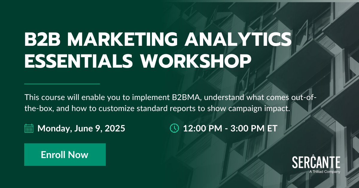 Sercante LLC (@sercantellc) on Twitter photo 5 takeaways to expect from our B2B Marketing Analytics Workshop on June 9👇
⚙️ Deploy B2BMA
💪 Maximize what's out-of-the-box
✨ Customize standard report types
📊 Showcase your full impact
🚀 Start paving your analytics path
Sign up: sercante.com/training-cours… 5 takeaways to expect from our B2B Marketing Analytics Workshop on June 9👇
⚙️ Deploy B2BMA
💪 Maximize what's out-of-the-box
✨ Customize standard report types
📊 Showcase your full impact
🚀 Start paving your analytics path
Sign up: sercante.com/training-cours…