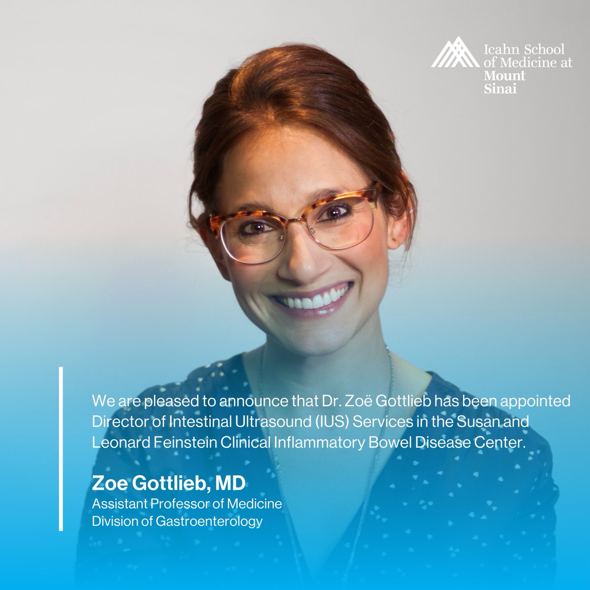 Mount Sinai Department of Medicine (@domsinainyc) on Twitter photo We’re pleased to announce Dr. Zoë Gottlieb as Director of Intestinal Ultrasound Services at the Feinstein IBD Center. A leader in women’s health and IBD, she will expand IUS access, train colleagues, and oversee our new ultrasound technician. <a href="/zsgottlieb/">Zoë Gottlieb</a> <a href="/MountSinaiGI/">Mount Sinai Division of Gastroenterology</a> We’re pleased to announce Dr. Zoë Gottlieb as Director of Intestinal Ultrasound Services at the Feinstein IBD Center. A leader in women’s health and IBD, she will expand IUS access, train colleagues, and oversee our new ultrasound technician. <a href="/zsgottlieb/">Zoë Gottlieb</a> <a href="/MountSinaiGI/">Mount Sinai Division of Gastroenterology</a>
