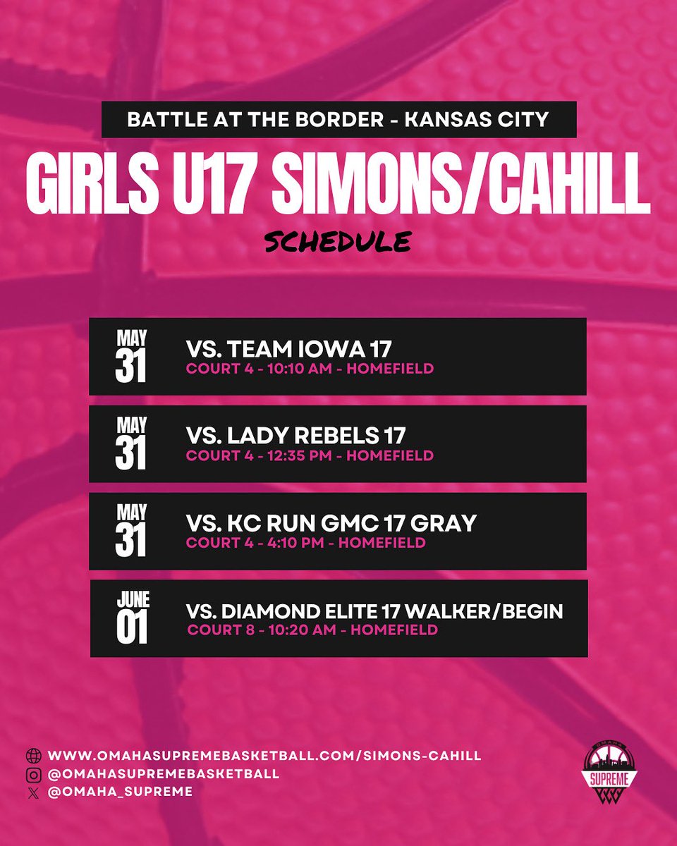 Catch Omaha Supreme Girls U17 Simons/Cahill  in action this weekend at the Battle at the Border tournament in Kansas City! Check out their schedule posted below! 🏀⛹🏻‍♀️

Team Roster: omahasupremebasketball.com/simons-cahill