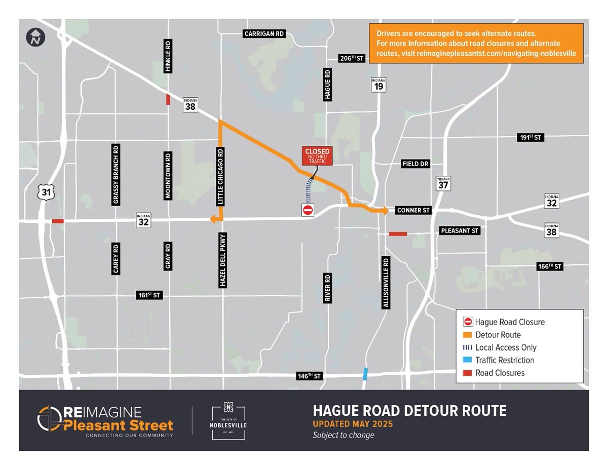 reimagineplsnt's tweet image. Beginning on or after June 2, Hague Road, near the intersection of State Road 32, will close. Crews will begin constructing a new roundabout. SR 32 will close on July 7 to complete the construction. Hague Road and SR 32 are anticipated to be open to traffic in October 2025.