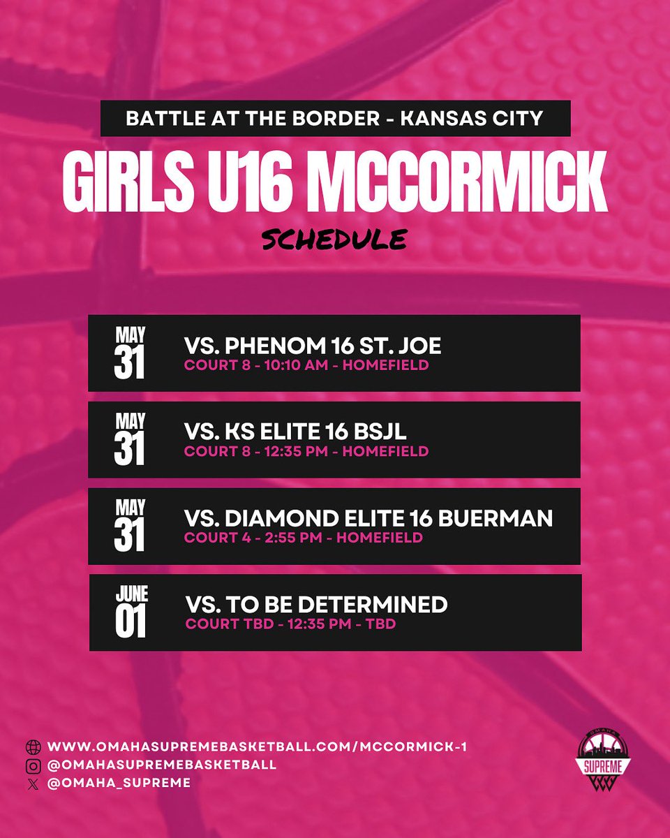 Catch Omaha Supreme Girls U16 McCormick in action this weekend at the Battle at the Border tournament in Kansas City! Check out their schedule posted below! 🏀⛹🏻‍♀️

Team Roster: omahasupremebasketball.com/mccormick-1
