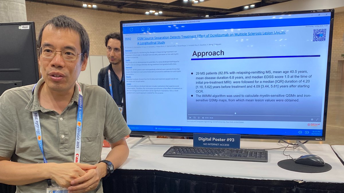 👏 Congrats to Thanh Nguyen, who presented "QSM Source Separation Detects Treatment Effect of Ocrelizumab on Multiple Sclerosis Lesion Myelin: A Longitudinal Study" at <a href="/ISMRM/">ISMRM</a> 2025 in Honolulu! #ISMRM2025 #MS