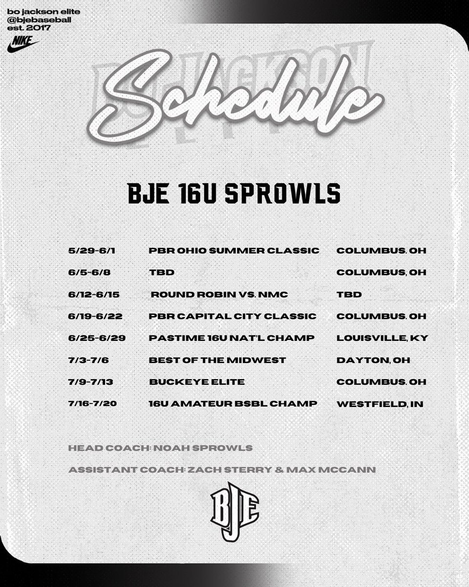 Bo Jackson Elite- 2027 Sprowls (@bjesprowls2027) on Twitter photo Our schedule for the 2025 summer☀️ Good competition week in and week out, going to be an exciting ride! <a href="/BJEBaseball/">Bo Jackson Elite Baseball</a> <a href="/BJE_Recruiting/">Bo Jackson Elite Baseball Recruiting</a> #summer #baseball #schedule Our schedule for the 2025 summer☀️ Good competition week in and week out, going to be an exciting ride! <a href="/BJEBaseball/">Bo Jackson Elite Baseball</a> <a href="/BJE_Recruiting/">Bo Jackson Elite Baseball Recruiting</a> #summer #baseball #schedule