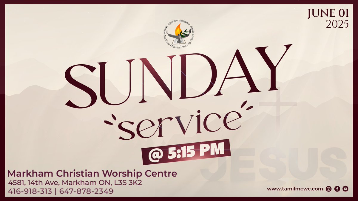 tamilmcwc's tweet photo. Join Us for a Sunday Service!

June 01, 2025 @ 5.15 pm 
4581, 14th Ave, Markham

#mcwc #markhamchristianworshipcentre #markhamtamilchurch #scarboroughtamilchurch #torontotamilchurch #canadatamilchurch #canadatamil #torontotamil #christian #tamilchurch #tamilchristian https://t.co/qEAfIWLczd
